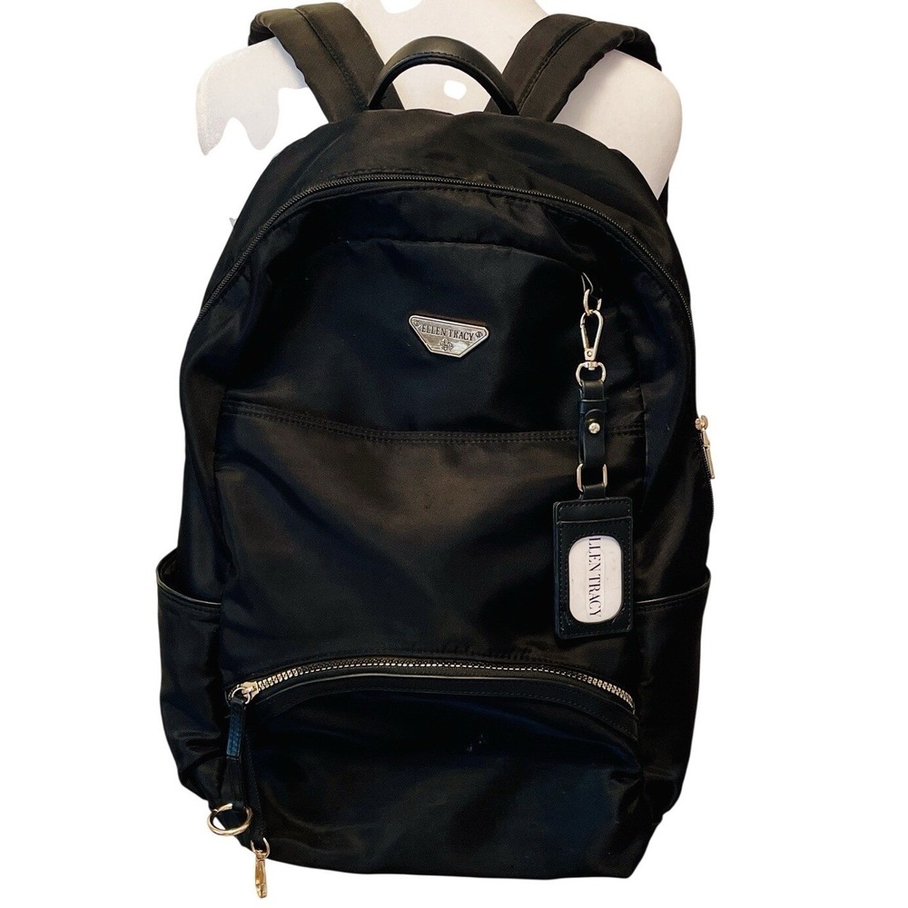 Ellen Tracy Black Nylon Laptop Backpack Gold Hardware Travel Commuter Bag